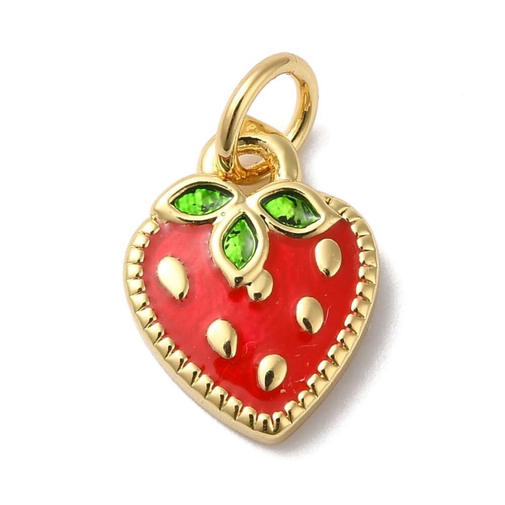 8836 10Pcs Red Strawberry Enamel Brass Charms 3D Imitation Food Fruit
